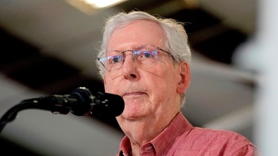 Sen. Mitch McConnell, R-Ky., speaks at an event, Aug. 2, 2025, in Fancy Farm. (AP Photo/Mark Humphrey)