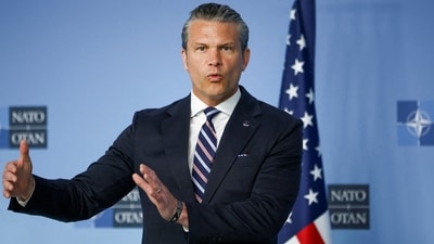 Pete Hegseth talks to the media on the day of a meeting of NATO defence ministers at the alliance's headquarters in Brussels, Belgium, June 18. (REUTERS)