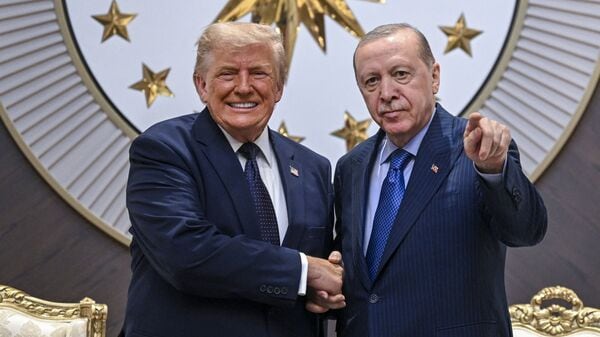 Turkish President Recep Tayyip Erdogan welcomes US President Donald Trump at Ankara Airport, who is paying an official visit to Turkey ahead of the 36th NATO Heads of State and Government Summit in Ankara, Turkey, on July 07, 2026