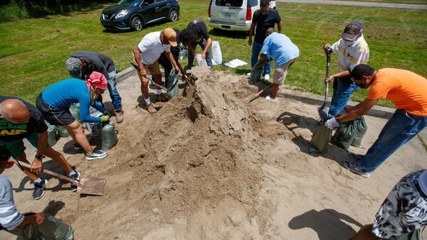Algiers residents make sandbags ahead of Tropical Storm Bertha at Morris FX Jeff Sr. Park in Algiers, New Orleans, Monday, July 20, 2026.