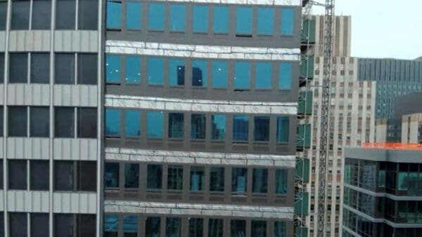 A high-rise building under construction, which, according to the New York City Fire Department, remains at risk of collapse after two of its support columns buckled, is seen in a still image from video in the Manhattan borough of New York City, U.S., July 7, 2026.
