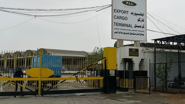 The Cargo Complex entrance at Jinnah International Airport, following reports of a missing cargo plane, in Karachi, Pakistan, July 8, 2026. Picture is taken with a mobile phone. REUTERS/Akhtar Soomro