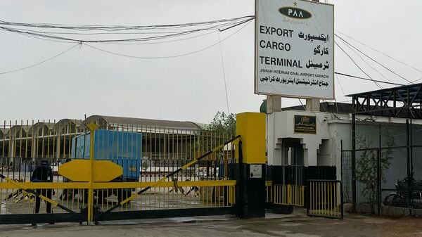 The Cargo Complex entrance at Jinnah International Airport, following reports of a missing cargo plane, in Karachi, Pakistan, July 8, 2026. Picture is taken with a mobile phone. REUTERS/Akhtar Soomro