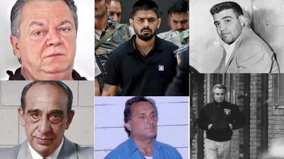 (L-R) Joseph Massino (Bonanno boss), Lawrence Bishnoi, Vincent Gigante (Genovese boss), Carmine Persico (Colombo boss), Vic Amuso (Lucchese boss), John Gotti (Gambino boss).