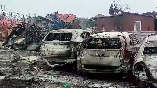 This photo taken from a video released by Russian Investigative Committee shows what the committee said was the scene of a recreation center that Russia said was damaged during a Ukrainian attack in the Russian-controlled Zaporizhzhia region of Ukraine on Saturday, July 25, 2026.