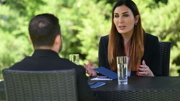 In this photo provided by the Ukrainian Presidential Press Office, Laura Loomer, right, interviews Ukrainian President Volodymyr Zelenskyy Thursday July 23, 2026, in Kyiv, Ukraine. (Ukrainian Presidential Press Office via AP)