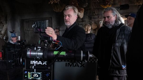 Director Christopher Nolan and cinematographer Hoyte van Hoytema filming The Odyssey together.