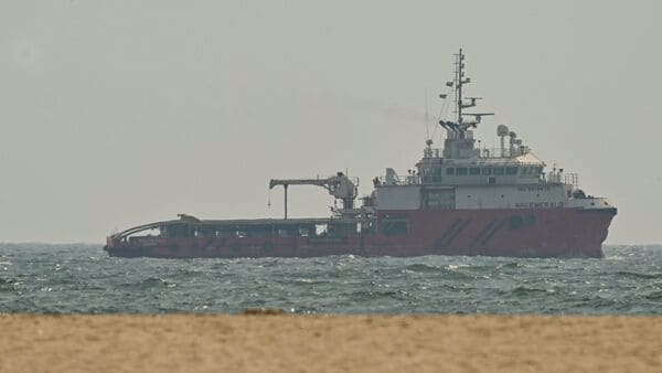A ship sails off the coast of Ajman on July 10, 2026. (Photo by AFP) /