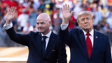 FIFA President Gianni Infantino and U.S. President Donald Trump prepare for the award ceremony after the FIFA World Cup 2026 Final match between Spain and Argentina at New York New Jersey Stadium on July 19, 2026 in East Rutherford, New Jersey.