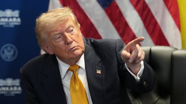 U.S. President Donald Trump meets with Ukraine's President Volodymyr Zelenskyy on the sidelines of the NATO summit in Ankara, Turkey, Wednesday, July 8, 2026.