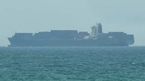 This frame grab taken from AFPTV video footage on July 12, 2026 shows a cargo ship anchoring near the Strait of Hormuz off the eastern coast of the United Arab Emirates at Khor Fakkan. (Photo by AFPTV / AFP)