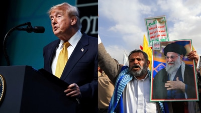 Donald Trump said he instructed the US to launch overwhelming military action if he is assassinated amid escalating tensions between US and Iran (REUTERS/Stoyan Nenov and Photo by Mohammed HUWAIS / AFP)