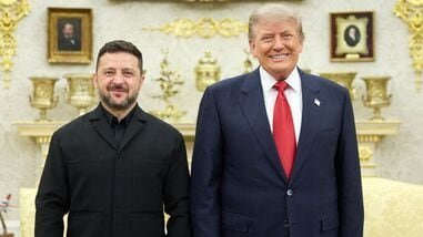 This handout photograph taken and released by the Ukrainian Presidential Press Service on July 28, 2026, shows Ukraine's President Volodymyr Zelensky (L) and US President Donald Trump posing for a photo during their meeting in Washington, DC, amid the Russian invasion of Ukraine. (Photo by Handout / UKRAINIAN PRESIDENTIAL PRESS SERVICE / AFP)