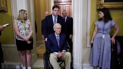 Scott Jennings, a Mitch McConnell adviser, reports the senator is recovering in the hospital. While Republicans expect his return, critics and conspiracy theories raise doubts, with implications for future Senate leadership and upcoming elections. (REUTERS)