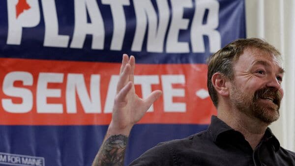 Democratic candidate for U.S. Senate Graham Platner speaks at a campaign town hall meeting in Portland, Maine, U.S., June 7, 2026.