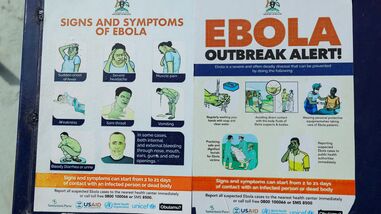 FILE PHOTO: An advocacy poster against the spread of Ebola virus is placed along the walkway at the Platinum Medical Centre, as aid agencies intensify efforts to contain a new Ebola outbreak involving the Bundibugyo Virus in Kampala, Uganda, May 26, 2026.
