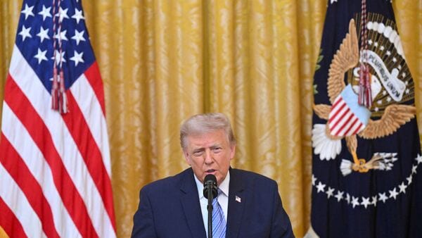 US President Donald Trump addresses the nation from the East Room of the White House in Washington, DC