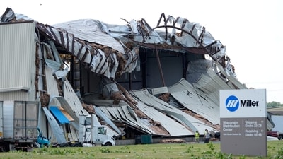 The roof of Miller Electric is caved in after a severe thunderstorm and tornado warning in Appleton, Wisconsin, U.S. July 27, 2026. (via REUTERS)