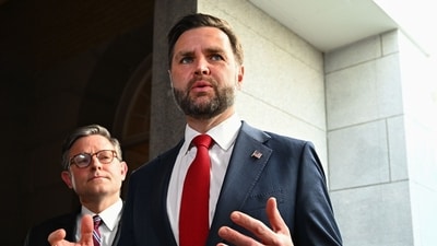 US Vice President JD Vance speak to members of the media following a meeting with House Republicans at the US Capitol in Washington, DC, US, on Wednesday. (Bloomberg)