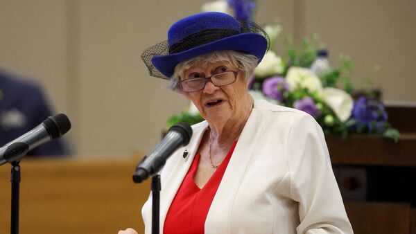 Ann Widdecombe, former member of the European Parliament, speaks at a council meeting during the visit of Britain's Prince Charles and Camilla, Duchess of Cornwall at the Civic Centre in Southend-on-Sea, Britain, March 1, 2022.