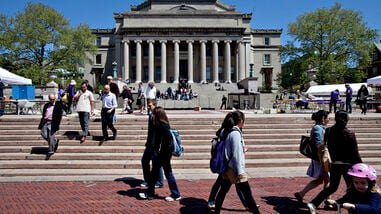 Students and pedestrians walk outside the Low Memorial Library at the Columbia University campus in New York, U.S., on Friday, April 23, 2010. Photographer: Daniel Acker/Bloomberg (Image for representational purpose)