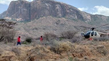This photo provided by Kenya Red Cross shows Kenya Red Cross emergency response teams during a multi-agency rescue and recovery operation in response to a helicopter crash near Mt. Ololokwe in Samburu, Kenya, Wednesday, Aug. 19, 2026. (Kenya Red Cross via AP)