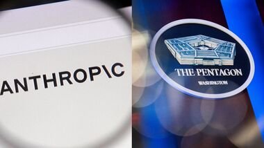 A collage depicting artificial intelligence company Anthropic and the US Pentagon as they engage in a legal battle.