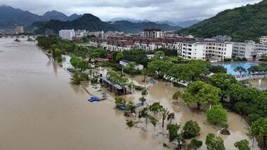 A drone view shows a flooded village following heavy rainfall brought by Typhoon Dolphin in Zhejiang province of China