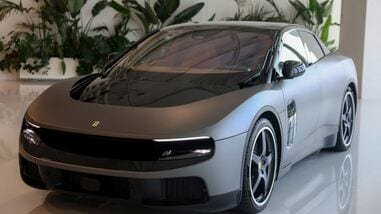 The Ferrari Luce electric car is displayed in Maranello.