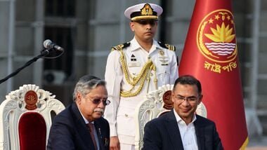 File photo of former Bangladesh’s President Mohammed Shahabuddin with Prime Minister Tarique Rahman