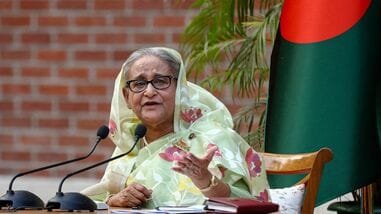 Sheikh Hasina speaks during a meeting with foreign observers and journalists at the prime minister's residence in Dhaka, Bangladesh, January 8, 2024.