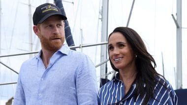 File photo of Britain's Prince Harry and Meghan, the Duke and Duchess of Sussex, disembark after sailing on Sydney Harbour with veterans from the Invictus Australia community, in Sydney, Australia.