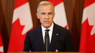 Prime Minister Mark Carney speaks about Canada's response to new US tariffs during a news conference on Parliament Hill in Ottawa. (The Canadian Press)