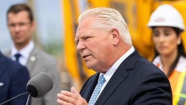 Ontario Premier Doug Ford speaks to media at a housing development in Hamilton, Ontario, Canada on Monday, Aug. 24, 2026.