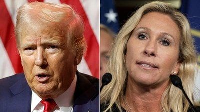 COMBO -MTG, Tucker Carlson push political party after Trump rift (Photo by KAMIL KRZACZYNSKI and JIM WATSON / AFP) (AFP)