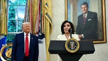 US President Donald Trump (L) looks on as interim US Attorney for the District of Columbia Jeanine Pirro speaks during her swearing in ceremony in the Oval Office of the White House in Washington, DC, on May 28, 2025.