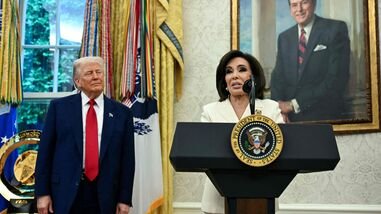 (FILES) US President Donald Trump (L) looks on as interim US Attorney for the District of Columbia Jeanine Pirro speaks during her swearing in ceremony in the Oval Office of the White House in Washington, DC, on May 28, 2025. Trump's extraordinary campaign to blame an apparently botched renovation of Washington's Reflecting Pool on vandals took another twist on August 1, 2026 when he attacked his hand-picked prosecutor for dropping charges against an ex-Olympian arrested in the controversy. Trump lashed out at federal prosecutor Jeanine Pirro -- a former Fox News host who has been a longtime supporter of the Republican president -- after she sought to dismiss the charges, acknowledging in court documents that poor installation, not vandalism, apparently wrecked the multimillion dollar renovation on the National Mall.