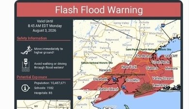 NYC flash flood map: Flooding impacted Paterson, NJ, on Monday, stranding vehicles. NYC advised residents, especially in basements, to seek higher ground. (X@NWSNewYorkNY)