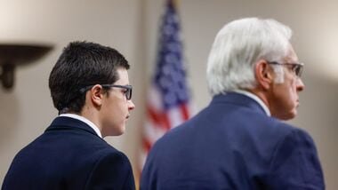 Colt Gray, left, the 16-year-old Apalachee High School shooting suspect, stands next to his attorney Charlton Allen and pleads guilty at Barrow County Superior Court in Winder.