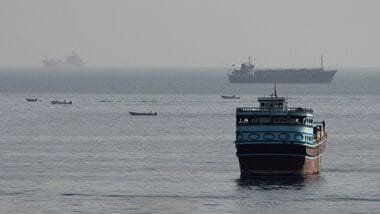 FILE PHOTO: Vessels in the Strait of Hormuz, as seen from Musandam, Oman, August 3, 2026.