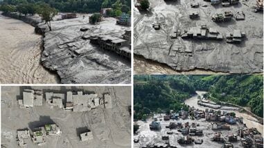 Nepal flash floods: A drone view shows mud covering properties following a flash flood in Nepal's Trishuli, Nuwakot district.