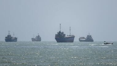 Vessels in the Strait of Hormuz are visible near the beach of Bandar Abbas, Iran, August 26, 2026. Majid Asgaripour/WANA (West Asia News Agency) via REUTERS