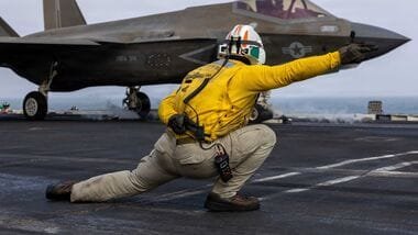 A U.S. sailor launches an F-35C Lightning II, assigned to Marine Fighter Attack Squadron 314, from the flight deck of Nimitz-class aircraft carrier USS Abraham Lincoln during the ongoing conflict with Iran August 5, 2026. U.S. Navy/Handout via REUTERS