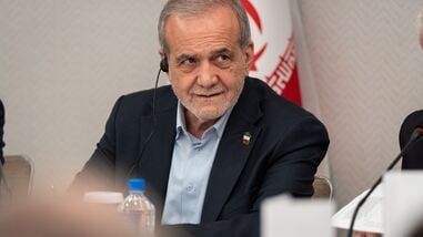FILE - President of Iran Masoud Pezeshkian takes questions from the media during a news conference