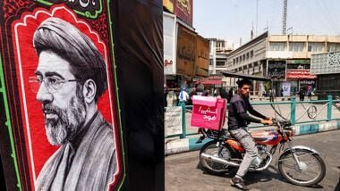 File image of a delivery person riding a motorcycle near an image of Iran's Supreme Leader Mojtaba Khamenei at Valiasr Square in central Tehran on August 8, 2026.