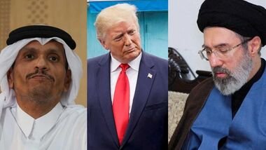 Qatari Prime Minister Sheikh Mohammed bin Abdulrahman Al Thani (L) will visit Tehran on Thursday; US President Donald Trump (C); and  Iranian Supreme Leader Mojtaba Khamenei