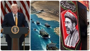 US President Donald Trump (L); Strait of Hormuz and  Iran's Supreme Leader Mojtaba Khamenei