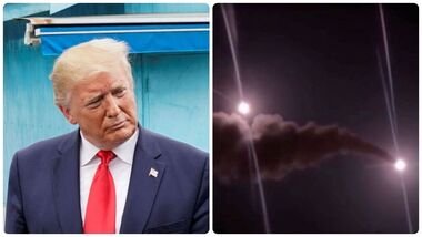 US President Donald Trump (L); Projectiles streak across the sky in this screengrab taken from footage published by Iranian authorities purporting to show missiles launched at US military targets in Jordan from an unknown location, released on August 31, 2026. (R)