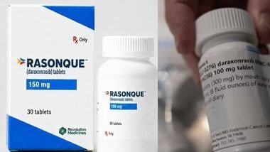 This photo provided by Revolution Medicines on Wednesday, Aug. 26, 2026 shows packaging for the new pancreatic cancer drug, daraxonrasib, under the brand name Rasonque.