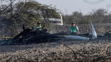 Wreckage of the small plane involved in a fatal accident that claimed the lives of its 13 occupants is pictured in the Vista Alegre district, Nazca, Peru, on August 1, 2026.